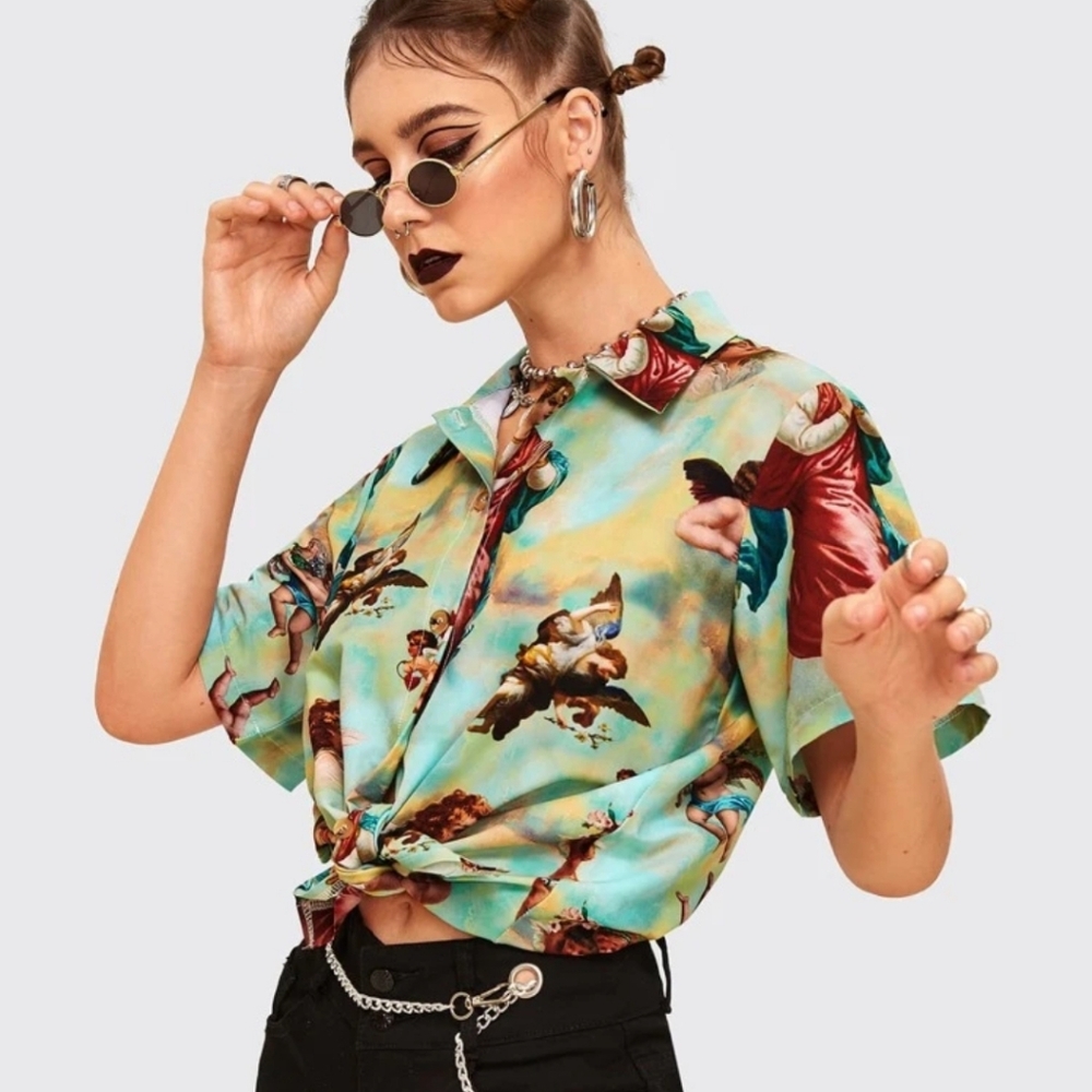 ROMWE Angel Print Button Down Shirt - Multicolor